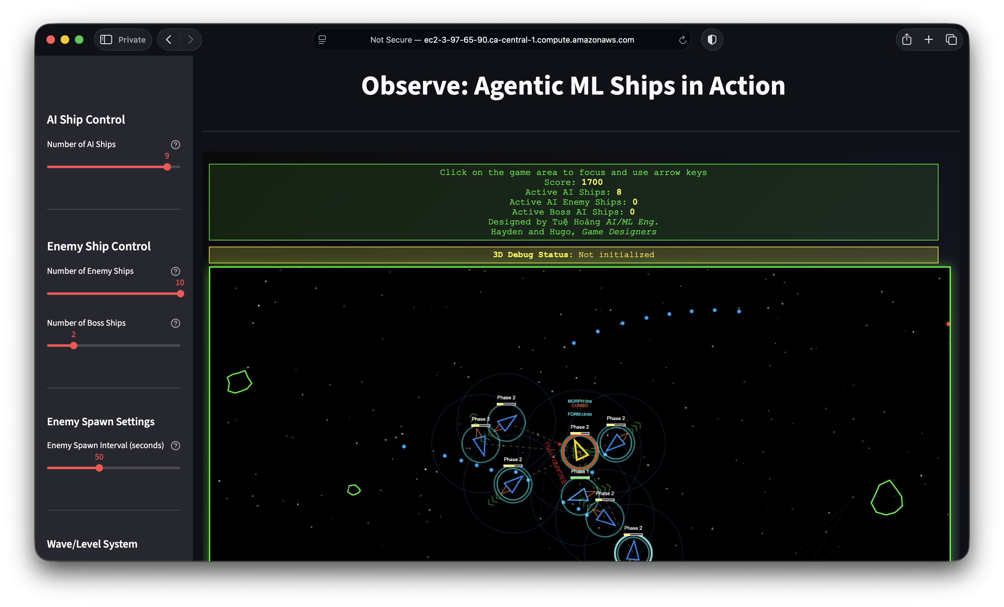 Asteroids game — Agentic ML ships in action
